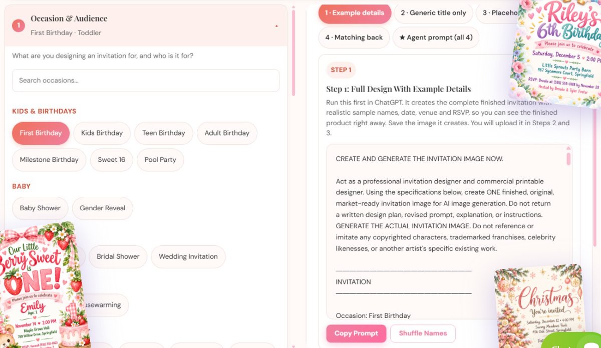 Party Invite Profit Studio app: occasion picker and Step 1 prompt